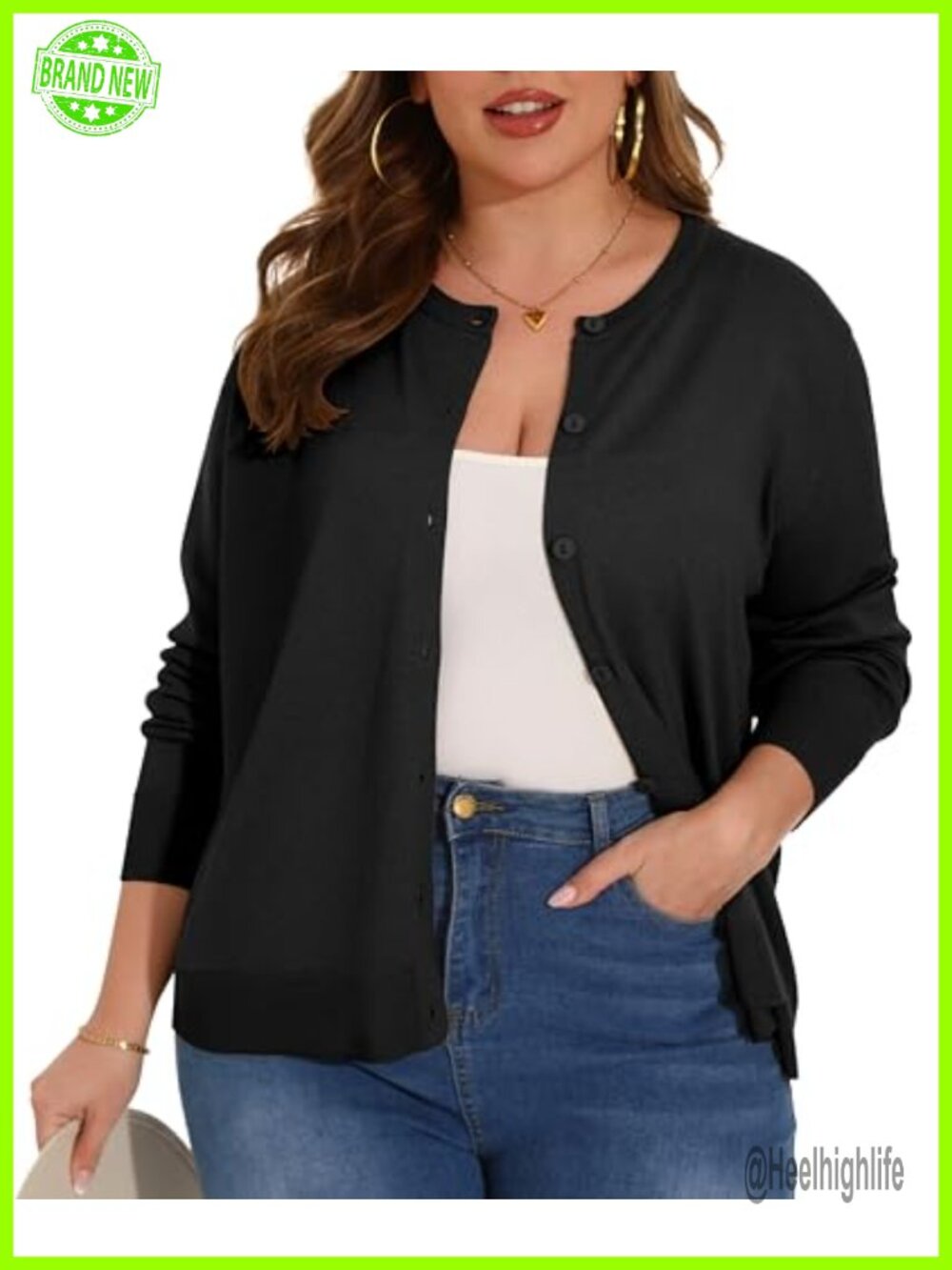 Plus Size Long Sleeve Crewneck Cardigan Classic Lightweight Knit Button Down